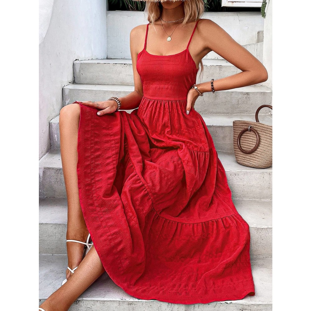 hot pink boho Solid Ruffle Hem Cami maxi Dress - Picture 4 of 11